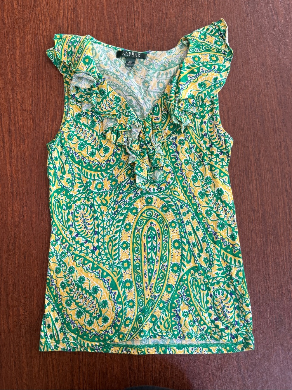 Ralph Lauren Green and Yellow Paisley Ruffle Lined Neck Top